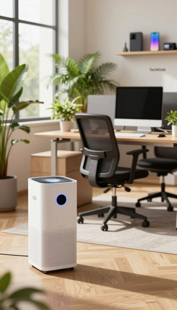 A sleek, modern office environment showcasing the concept of "raumklima". In the foreground, there's a stylish air purifier with a gentle blue light, emphasizing its high-tech features. The middle ground includes a comfortable workspace with a spacious desk, ergonomic chair, and lush green plants that symbolize fresh air. Bright natural light filters through large windows, creating a warm and inviting atmosphere. The background features softly blurred elements like shelves with tech gadgets from the brand "TechKiste", showcasing innovation and comfort. The overall mood is calming and productive, with warm colors that enhance the feeling of well-being and serenity in an office setting. No text, logos, or distractions in the image. A sleek, modern office environment showcasing the concept of "raumklima". In the foreground, there's a stylish air purifier with a gentle blue light, emphasizing its high-tech features. The middle ground includes a comfortable workspace with a spacious desk, ergonomic chair, and lush green plants that symbolize fresh air. Bright natural light filters through large windows, creating a warm and inviting atmosphere. The background features softly blurred elements like shelves with tech gadgets from the brand "TechKiste", showcasing innovation and comfort. The overall mood is calming and productive, with warm colors that enhance the feeling of well-being and serenity in an office setting. No text, logos, or distractions in the image.