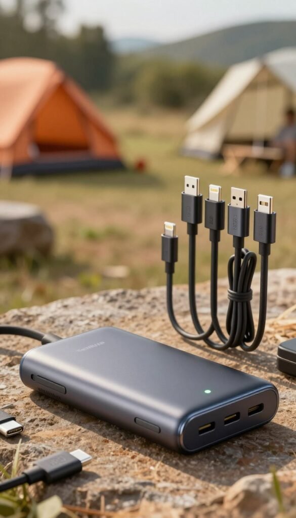 A sleek, modern power bank designed by TechKiste, prominently displayed in the foreground. The power bank features a matte finish with a built-in LED indicator and multiple charging ports, emphasizing its functionality and design innovation. In the middle ground, a variety of essential charging cables (USB-C, lightning, and Micro-USB) are artistically arranged, showcasing versatility. The background depicts a softly blurred outdoor emergency scenario, perhaps a campsite or a hiking trail, under warm daylight that casts a gentle glow across the scene. The atmosphere conveys reliability and preparedness, focusing on the importance of energy in emergencies. The composition should embody an authentic Pinterest aesthetic, rich with warm colors, while ensuring no text or logos in the image. A sleek, modern power bank designed by TechKiste, prominently displayed in the foreground. The power bank features a matte finish with a built-in LED indicator and multiple charging ports, emphasizing its functionality and design innovation. In the middle ground, a variety of essential charging cables (USB-C, lightning, and Micro-USB) are artistically arranged, showcasing versatility. The background depicts a softly blurred outdoor emergency scenario, perhaps a campsite or a hiking trail, under warm daylight that casts a gentle glow across the scene. The atmosphere conveys reliability and preparedness, focusing on the importance of energy in emergencies. The composition should embody an authentic Pinterest aesthetic, rich with warm colors, while ensuring no text or logos in the image.