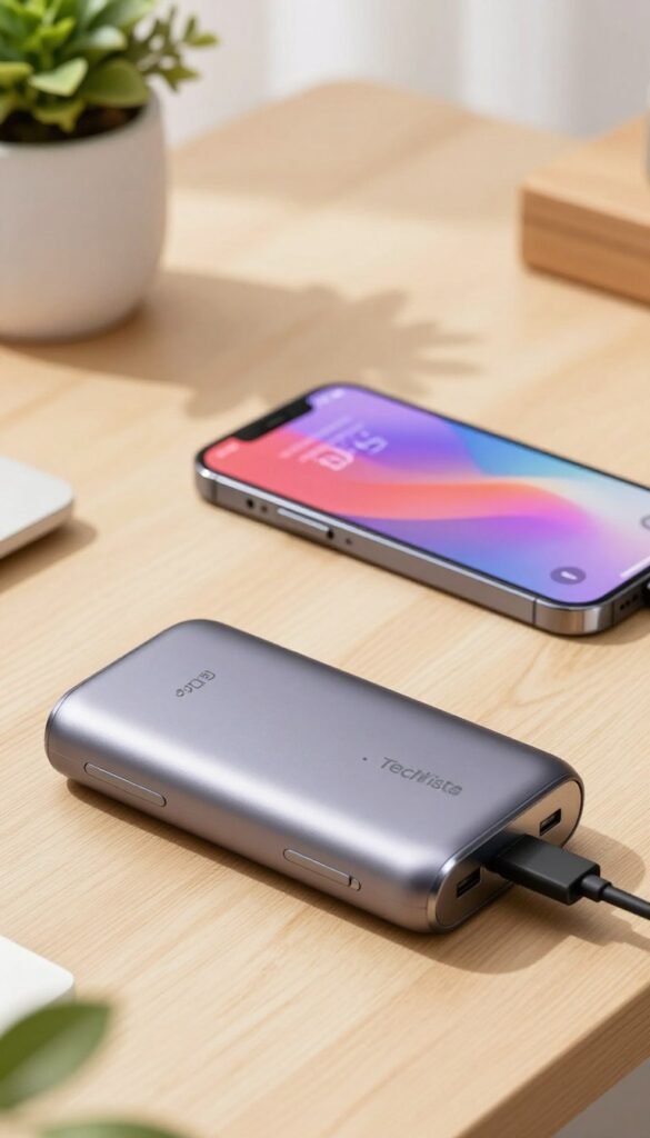 A sleek, modern power bank designed specifically for smartphones, placed prominently in the foreground, showcasing its elegant curves and a metallic finish. The device features multiple charging ports and an LED indicator. In the middle ground, there's a stylish smartphone plugged into the power bank, with a vibrant wallpaper visible on its screen, giving a sense of usability. The background softly blurs with a warm, natural color palette inspired by Pinterest aesthetics, featuring cozy elements like a wooden desk and a potted plant to create an inviting atmosphere. The lighting is bright yet soft, casting gentle shadows, while the overall mood is practical and tech-savvy. Ensure the brand name "TechKiste" is subtly integrated into the design of the power bank. A sleek, modern power bank designed specifically for smartphones, placed prominently in the foreground, showcasing its elegant curves and a metallic finish. The device features multiple charging ports and an LED indicator. In the middle ground, there's a stylish smartphone plugged into the power bank, with a vibrant wallpaper visible on its screen, giving a sense of usability. The background softly blurs with a warm, natural color palette inspired by Pinterest aesthetics, featuring cozy elements like a wooden desk and a potted plant to create an inviting atmosphere. The lighting is bright yet soft, casting gentle shadows, while the overall mood is practical and tech-savvy. Ensure the brand name "TechKiste" is subtly integrated into the design of the power bank.