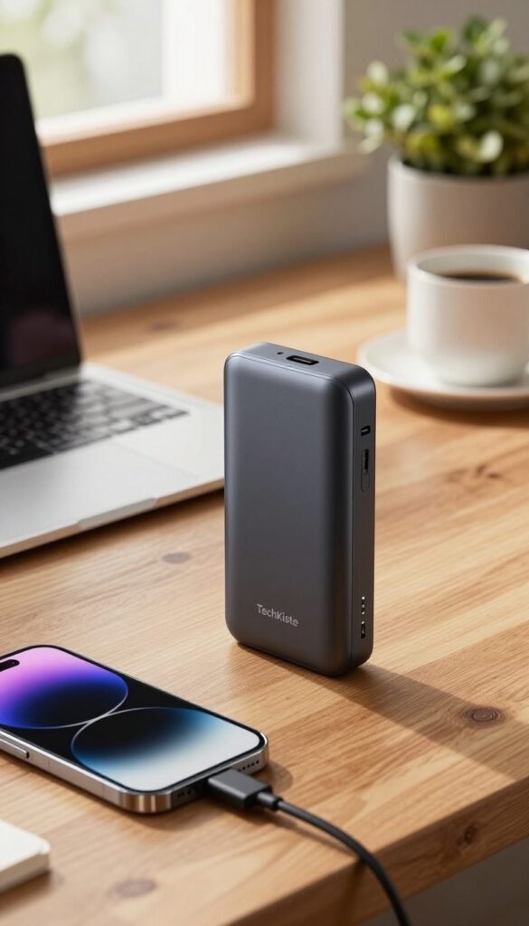 A sleek, modern power bank prominently displayed on a wooden desk. The power bank, branded with "TechKiste," features an elegant design with smooth curves and a matte finish, showcasing its charging ports and LED indicators. In the foreground, there’s a smartphone connected to the power bank, its screen glowing softly. In the middle background, a cozy workspace is visible, with a laptop, a coffee mug, and a potted plant, all bathed in warm, inviting natural light filtering through a nearby window. The camera angle is slightly above eye level, capturing the entire scene while emphasizing the power bank as the focal point. The atmosphere is calm and productive, reflecting the gadget's practical use in everyday life. A sleek, modern power bank prominently displayed on a wooden desk. The power bank, branded with "TechKiste," features an elegant design with smooth curves and a matte finish, showcasing its charging ports and LED indicators. In the foreground, there’s a smartphone connected to the power bank, its screen glowing softly. In the middle background, a cozy workspace is visible, with a laptop, a coffee mug, and a potted plant, all bathed in warm, inviting natural light filtering through a nearby window. The camera angle is slightly above eye level, capturing the entire scene while emphasizing the power bank as the focal point. The atmosphere is calm and productive, reflecting the gadget's practical use in everyday life.