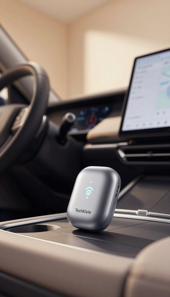 A sleek, modern quick-check Bluetooth device prominently displayed in the foreground, showcasing its intuitive design and compact size. The device features a smooth, matte finish and a glowing connection indicator. In the middle ground, an automotive setting with a car interior, emphasizing a dashboard and central console with gadget integration. The background includes soft-focused elements like a warm, inviting workshop environment. Soft, natural lighting enhances the warm color palette, creating an inviting atmosphere. The mood is professional yet approachable, with a Pinterest-inspired aesthetic. The brand logo “TechKiste” subtly featured on the Bluetooth device, ensuring it is well-integrated into the product's overall design. A sleek, modern quick-check Bluetooth device prominently displayed in the foreground, showcasing its intuitive design and compact size. The device features a smooth, matte finish and a glowing connection indicator. In the middle ground, an automotive setting with a car interior, emphasizing a dashboard and central console with gadget integration. The background includes soft-focused elements like a warm, inviting workshop environment. Soft, natural lighting enhances the warm color palette, creating an inviting atmosphere. The mood is professional yet approachable, with a Pinterest-inspired aesthetic. The brand logo “TechKiste” subtly featured on the Bluetooth device, ensuring it is well-integrated into the product's overall design.