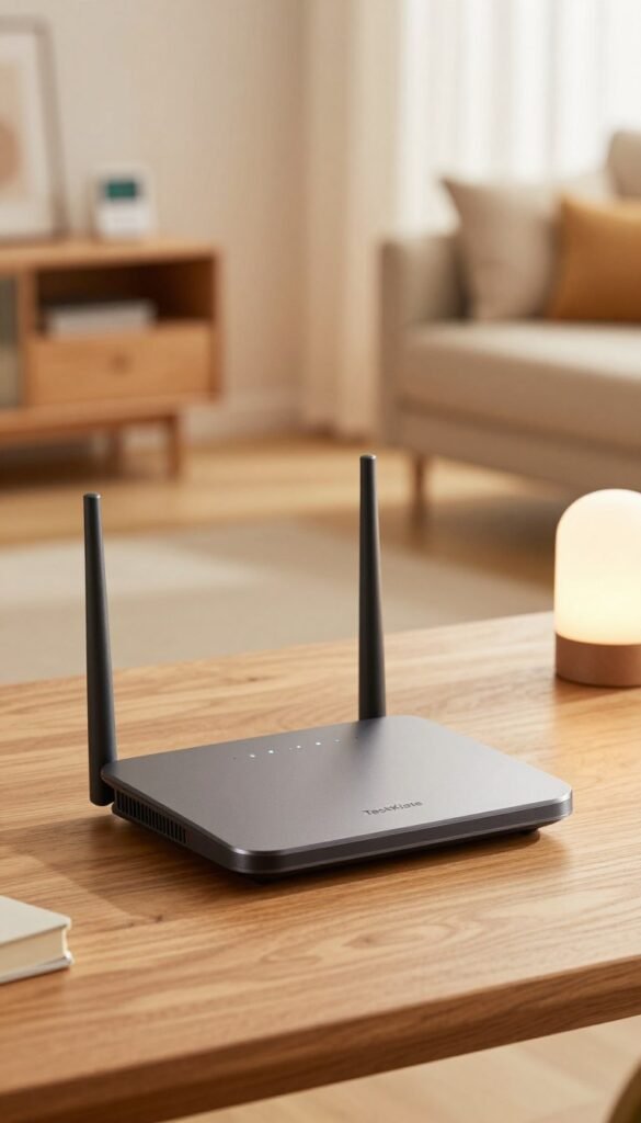 A sleek, modern router prominently featured in the foreground, designed with a minimalist aesthetic and smooth lines, in a warm color palette. The router should have visible antennas and indicator lights, set on a clean wooden desk. In the middle ground, there are subtle hints of smart home devices like a thermostat and smart bulbs, elegantly blending into the scene. In the background, out of focus, a cozy living room setting with soft lighting creates a welcoming atmosphere. Soft shadows enhance the dimensionality, captured with a warm glow, suggesting a secure and connected home environment. The brand name "TechKiste" is subtly integrated into the design of the router, ensuring it feels like a natural part of the image.