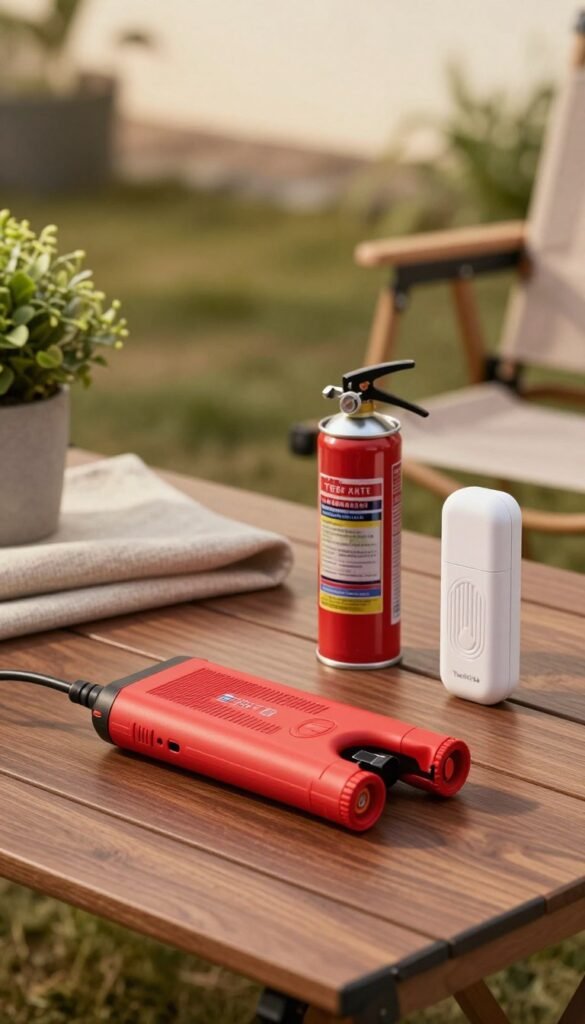 A sleek, modern safety gadget setup for small emergencies displayed on a wooden table. In the foreground, a compact jump starter booster is prominently placed, its bright, eye-catching red color contrasting with the dark wood. Next to it, a small canister of fire extinguisher spray in an elegant design, and a natural insect repellent gadget designed for easy portability. The middle ground features subtle outdoor elements, such as a green plant and a soft-textured fabric, contrasting the metallic surfaces of the gadgets. In the background, a softly blurred outdoor scene bathed in warm afternoon light to evoke a cozy atmosphere. The image embodies the spirit of innovation and reliability, with a Pinterest aesthetic. The TechKiste logo subtly included on the gadgets without text or overwhelming emphasis. A sleek, modern safety gadget setup for small emergencies displayed on a wooden table. In the foreground, a compact jump starter booster is prominently placed, its bright, eye-catching red color contrasting with the dark wood. Next to it, a small canister of fire extinguisher spray in an elegant design, and a natural insect repellent gadget designed for easy portability. The middle ground features subtle outdoor elements, such as a green plant and a soft-textured fabric, contrasting the metallic surfaces of the gadgets. In the background, a softly blurred outdoor scene bathed in warm afternoon light to evoke a cozy atmosphere. The image embodies the spirit of innovation and reliability, with a Pinterest aesthetic. The TechKiste logo subtly included on the gadgets without text or overwhelming emphasis.