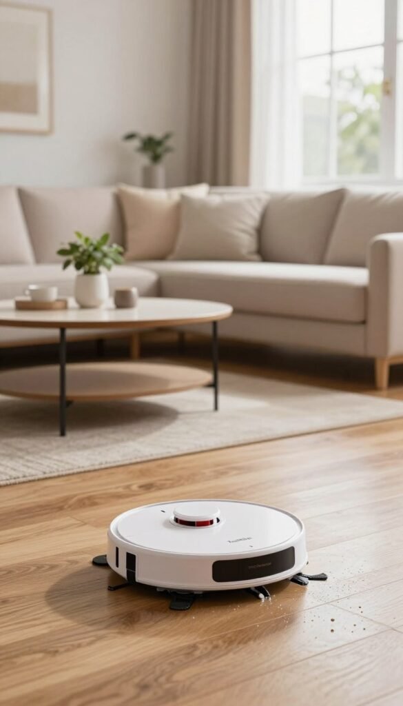 A sleek, modern "saugroboter" with a mopping function gliding effortlessly across a clean, polished wooden floor in a stylish living room. The foreground features the robot in action, capturing water droplets as it wipes away dust. In the middle ground, an inviting space showcases a comfortable couch adorned with soft, neutral-colored cushions and a minimalist coffee table hosting a few decorative plants. In the background, large windows allow natural sunlight to flood the room, enhancing the warm color palette and creating a cozy atmosphere. The scene conveys a sense of tranquility and order, embodying the essence of smart household management. The robot is discreetly branded with &ldquo;TechKiste,&rdquo; representing innovation and simplicity in home cleaning.