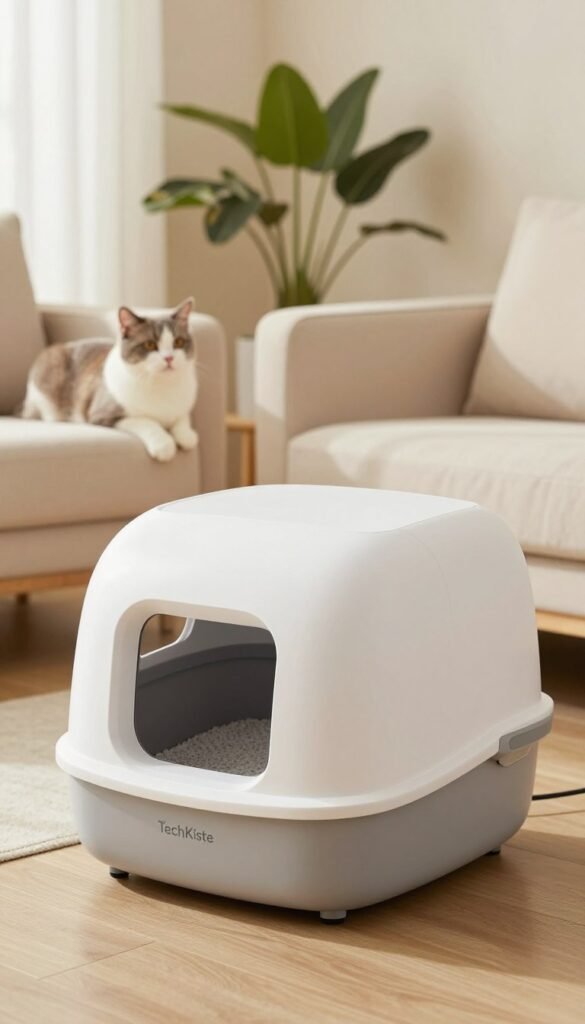 A sleek, modern self-cleaning cat litter box designed for the contemporary home, prominently displayed in a bright, airy living space. In the foreground, focus on the litter box with its automated cleaning mechanism visible, featuring a futuristic design in soft white and grey colors. In the middle ground, introduce a stylish cat lounging casually nearby, with a curious expression, peering at the litter box. The background showcases a warm, minimalist interior featuring plants and soft furnishings with warm, natural lighting creating a cozy atmosphere. Capture the inviting and high-tech feel of a smart home environment, exuding cleanliness and innovation. Include the brand name "TechKiste" subtly integrated into the scene, ensuring an authentic and Pinterest-worthy aesthetic with no text or logos visible directly.