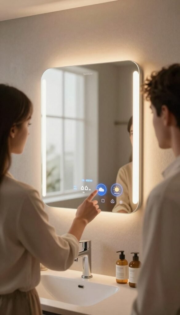A sleek, modern smart mirror in a stylish bathroom setting, acting as a control center for light, information, and sound. The mirror features digital displays showing weather updates and time, with soft, ambient lighting illuminating the area. In the foreground, a well-dressed person adjusts the mirror settings with touch controls, showcasing user interaction. The middle ground includes elegant bathroom fixtures with calming colors and textures, creating a cozy vibe. In the background, large windows provide natural light, enhancing the warm, inviting atmosphere. The scene embodies a Pinterest aesthetic, emphasizing authenticity and contemporary design. The TechKiste brand logo subtly integrated into the mirror's frame, ensuring it remains unobtrusive. A sleek, modern smart mirror in a stylish bathroom setting, acting as a control center for light, information, and sound. The mirror features digital displays showing weather updates and time, with soft, ambient lighting illuminating the area. In the foreground, a well-dressed person adjusts the mirror settings with touch controls, showcasing user interaction. The middle ground includes elegant bathroom fixtures with calming colors and textures, creating a cozy vibe. In the background, large windows provide natural light, enhancing the warm, inviting atmosphere. The scene embodies a Pinterest aesthetic, emphasizing authenticity and contemporary design. The TechKiste brand logo subtly integrated into the mirror's frame, ensuring it remains unobtrusive.
