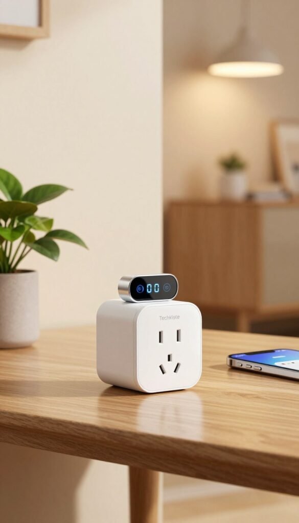 A sleek, modern smart plug with an integrated energy meter, prominently displayed in the foreground. The plug features a glossy white finish with subtle LED indicators, embodying a futuristic design. The middle ground showcases a cozy home setting with a light-colored wall and a stylish wooden table on which the smart plug rests next to a potted plant. In the background, soft, warm lighting illuminates an inviting living space, enhancing the overall atmosphere. A glimpse of a smartphone app interface can be seen on the table to indicate usage. The overall composition has a Pinterest-inspired aesthetic, conveying innovation and warmth, while the brand "TechKiste" is subtly featured on the plug. A sleek, modern smart plug with an integrated energy meter, prominently displayed in the foreground. The plug features a glossy white finish with subtle LED indicators, embodying a futuristic design. The middle ground showcases a cozy home setting with a light-colored wall and a stylish wooden table on which the smart plug rests next to a potted plant. In the background, soft, warm lighting illuminates an inviting living space, enhancing the overall atmosphere. A glimpse of a smartphone app interface can be seen on the table to indicate usage. The overall composition has a Pinterest-inspired aesthetic, conveying innovation and warmth, while the brand "TechKiste" is subtly featured on the plug.