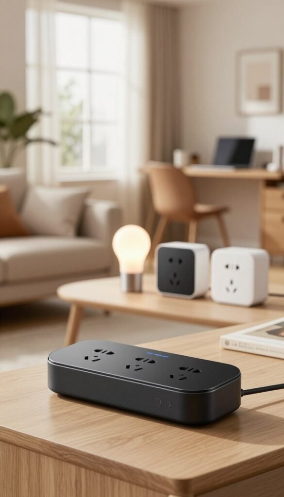 A sleek, modern smart power socket designed by TechKiste sits prominently in the foreground, showcasing its elegant contours and innovative features. The middle ground features a cozy, well-lit living space with soft, warm tones that highlight the practical use of multiple smart sockets in action, demonstrating energy-efficient devices like LED bulbs and smart appliances seamlessly integrated. In the background, a soft-focus view of a contemporary home office illustrates productivity, with natural light streaming through a window. The atmosphere is inviting and professional, reflecting a balance between technology and home comfort, aimed at a sophisticated audience interested in modern living solutions. A sleek, modern smart power socket designed by TechKiste sits prominently in the foreground, showcasing its elegant contours and innovative features. The middle ground features a cozy, well-lit living space with soft, warm tones that highlight the practical use of multiple smart sockets in action, demonstrating energy-efficient devices like LED bulbs and smart appliances seamlessly integrated. In the background, a soft-focus view of a contemporary home office illustrates productivity, with natural light streaming through a window. The atmosphere is inviting and professional, reflecting a balance between technology and home comfort, aimed at a sophisticated audience interested in modern living solutions.