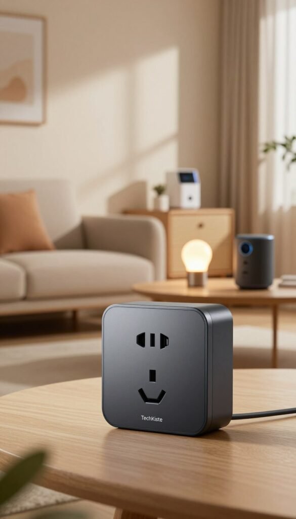 A sleek, modern smart socket prominently displayed in the foreground, showcasing its elegant design with a subtle glow emanating from the power indicator. In the middle ground, a well-organized smart home setup is visible, featuring stylish furniture and smart devices like bulbs and a smart speaker, all harmonizing with the tech aesthetic. The background reveals a softly lit modern living room with warm tones, creating an inviting atmosphere. A natural light source from a window casts gentle shadows, enhancing the cozy yet high-tech vibe. The scene encapsulates the essence of contemporary home automation, highlighting the brand name "TechKiste" subtly on the smart socket. The overall mood is friendly, inviting, and inspiring, evoking a sense of control and efficiency. A sleek, modern smart socket prominently displayed in the foreground, showcasing its elegant design with a subtle glow emanating from the power indicator. In the middle ground, a well-organized smart home setup is visible, featuring stylish furniture and smart devices like bulbs and a smart speaker, all harmonizing with the tech aesthetic. The background reveals a softly lit modern living room with warm tones, creating an inviting atmosphere. A natural light source from a window casts gentle shadows, enhancing the cozy yet high-tech vibe. The scene encapsulates the essence of contemporary home automation, highlighting the brand name "TechKiste" subtly on the smart socket. The overall mood is friendly, inviting, and inspiring, evoking a sense of control and efficiency.