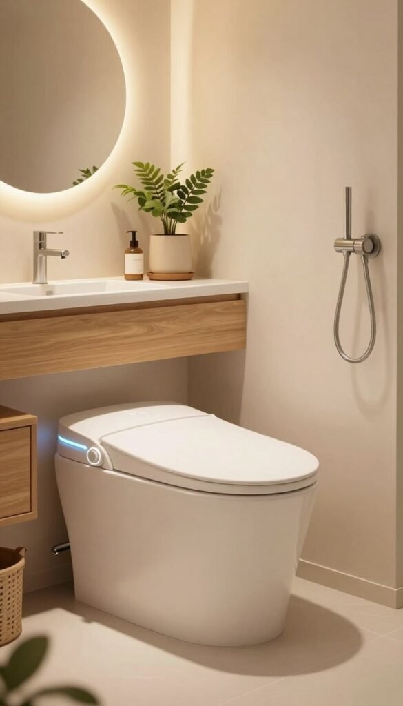 A sleek, modern smart toilet with integrated shower functions sits at the forefront of a cozy, tastefully designed bathroom. The toilet features elegant lines and soft curves, with subtle LED indicators illuminating the control panel. In the middle ground, a beautifully arranged vanity with warm wood tones and a round mirror reflects gentle, ambient lighting, creating a serene atmosphere. The walls are adorned with light, natural colors and green plants, enhancing the tranquil vibe. The scene conveys a sense of comfort and hygiene, showcasing the innovative features of the TechKiste shower toilet in a realistic, Pinterest-inspired aesthetic. The overall mood is warm and inviting, emphasizing simplicity and modern elegance without any text or distractions. A sleek, modern smart toilet with integrated shower functions sits at the forefront of a cozy, tastefully designed bathroom. The toilet features elegant lines and soft curves, with subtle LED indicators illuminating the control panel. In the middle ground, a beautifully arranged vanity with warm wood tones and a round mirror reflects gentle, ambient lighting, creating a serene atmosphere. The walls are adorned with light, natural colors and green plants, enhancing the tranquil vibe. The scene conveys a sense of comfort and hygiene, showcasing the innovative features of the TechKiste shower toilet in a realistic, Pinterest-inspired aesthetic. The overall mood is warm and inviting, emphasizing simplicity and modern elegance without any text or distractions.