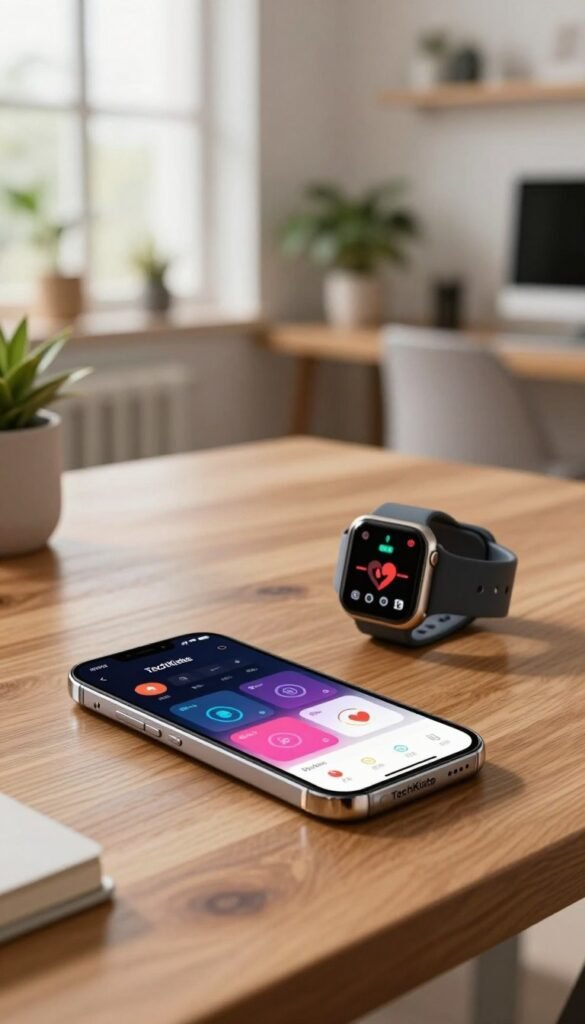 A sleek, modern smartphone designed for health tracking and smart wearables, resting elegantly on a polished wooden desk. The foreground features the device with a vivid display showcasing health metrics and fitness stats. In the middle ground, a stylish smartwatch monitors heart rate and steps, emphasizing the integration of technology in daily life. The background offers a soft-focus view of a cozy, well-lit office space infused with warm colors, plants, and minimalistic decor, creating a calming atmosphere. Soft daylight filters through large windows, illuminating the scene and enhancing its authenticity. The brand "TechKiste" is subtly incorporated into the smartphone design. The overall mood is professional, showcasing innovation in health technology without any text or distractions.