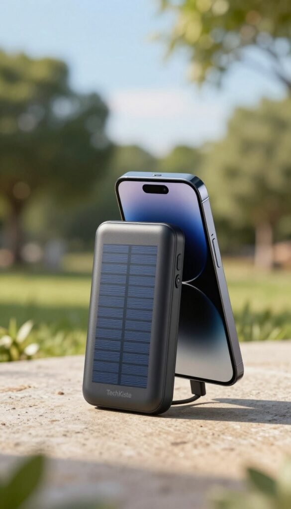 A sleek, modern solar power bank designed for smartphones sits prominently in the foreground, showcasing its elegant, textured surface and compact design. The power bank features a subtle branding of "TechKiste," emphasizing its innovative nature. In the middle ground, a smartphone is partially plugged into the power bank, illustrating its practical use in a serene outdoor setting. The background reveals a sunlit park with soft-focus green trees and a bright blue sky, creating a warm, inviting atmosphere. Gentle sunlight casts soft shadows, enhancing the overall warmth of the scene. The image captures a sense of modern technology and sustainability, embodying the essence of flexible gadgets that empower mobile energy solutions. A sleek, modern solar power bank designed for smartphones sits prominently in the foreground, showcasing its elegant, textured surface and compact design. The power bank features a subtle branding of "TechKiste," emphasizing its innovative nature. In the middle ground, a smartphone is partially plugged into the power bank, illustrating its practical use in a serene outdoor setting. The background reveals a sunlit park with soft-focus green trees and a bright blue sky, creating a warm, inviting atmosphere. Gentle sunlight casts soft shadows, enhancing the overall warmth of the scene. The image captures a sense of modern technology and sustainability, embodying the essence of flexible gadgets that empower mobile energy solutions.
