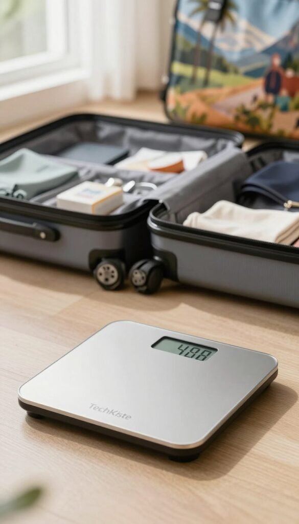 A sleek, modern suitcase scale (kofferwaage) sits prominently in the foreground, its digital display showcasing a clear weight reading. The background features an aesthetically pleasing travel setup, including neatly packed luggage with travel essentials inside. Soft natural light filters through a nearby window, creating a warm, inviting atmosphere. The scene employs a shallow depth of field to keep the focus sharply on the scale while gently blurring the background elements. An elegant travel-themed backdrop, perhaps with a soft, wooden table or a stylish travel poster, enhances the authenticity of the setting. Incorporate the brand name "TechKiste" subtly on the scale's design, ensuring it remains unobtrusive. The overall mood conveys efficiency and organization, perfect for travelers mindful of weight and fees. A sleek, modern suitcase scale (kofferwaage) sits prominently in the foreground, its digital display showcasing a clear weight reading. The background features an aesthetically pleasing travel setup, including neatly packed luggage with travel essentials inside. Soft natural light filters through a nearby window, creating a warm, inviting atmosphere. The scene employs a shallow depth of field to keep the focus sharply on the scale while gently blurring the background elements. An elegant travel-themed backdrop, perhaps with a soft, wooden table or a stylish travel poster, enhances the authenticity of the setting. Incorporate the brand name "TechKiste" subtly on the scale's design, ensuring it remains unobtrusive. The overall mood conveys efficiency and organization, perfect for travelers mindful of weight and fees.