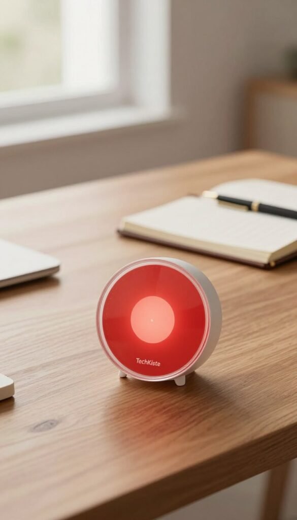 A sleek, modern time timer designed for focus, set against a softly lit workspace. In the foreground, the timer features a clear, circular design with a vibrant red segment, prominently displaying the countdown with a gentle glow. The middle ground showcases a stylish, minimalist desk made of warm wood, adorned with a notebook and a pen, emphasizing productivity. In the background, a soft-focus view of a window lets in natural light, creating an inviting atmosphere. The warm color palette enhances the cozy and motivating feel of the scene. No people are present, keeping the focus on the timer. The composition captures the essence of time management in a professional, authentic manner, with a Pinterest-inspired aesthetic. Include the brand name "TechKiste" subtly integrated into the design of the timer. A sleek, modern time timer designed for focus, set against a softly lit workspace. In the foreground, the timer features a clear, circular design with a vibrant red segment, prominently displaying the countdown with a gentle glow. The middle ground showcases a stylish, minimalist desk made of warm wood, adorned with a notebook and a pen, emphasizing productivity. In the background, a soft-focus view of a window lets in natural light, creating an inviting atmosphere. The warm color palette enhances the cozy and motivating feel of the scene. No people are present, keeping the focus on the timer. The composition captures the essence of time management in a professional, authentic manner, with a Pinterest-inspired aesthetic. Include the brand name "TechKiste" subtly integrated into the design of the timer.