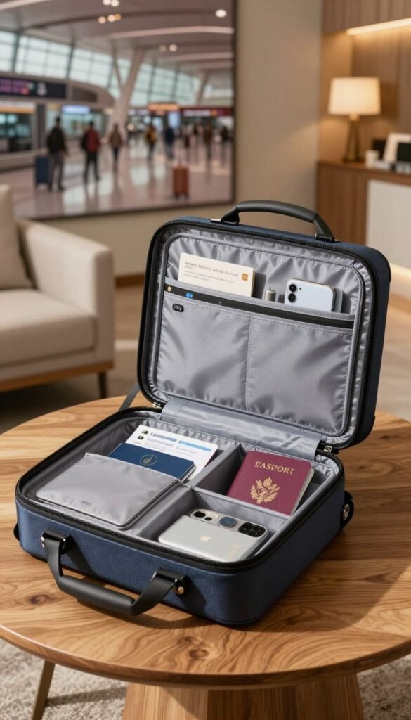 A sleek, modern travel security bag designed for optimal safety, showcasing an innovative compartmentalized interior for documents and personal items. In the foreground, the bag is open with visible organizational slots for passports, credit cards, and technology devices, emphasizing functionality without bulk. The middle ground features the bag placed on a stylish wooden table, surrounded by a travel-themed backdrop, like a blurred airport or a well-lit hotel room, conveying a sense of adventure. Soft, warm lighting enhances the authentic feel, with sunlight filtering through a nearby window, casting gentle shadows. The scene is set to inspire trust in smart solutions for travelers while reflecting the essence of TechKiste's brand. The overall atmosphere is cozy, inviting, and focused on convenience, with no text or invasive elements in the image.