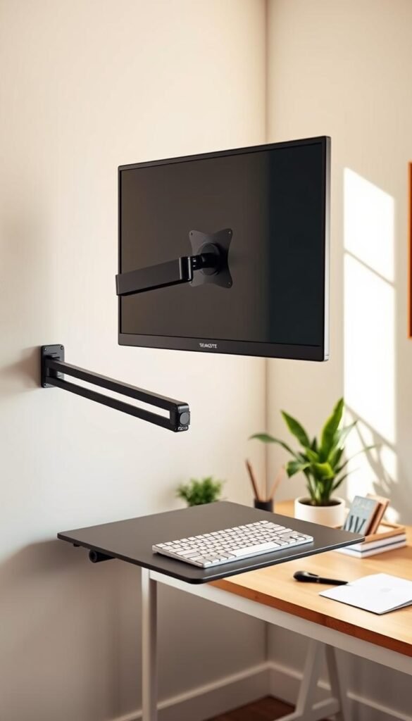 A sleek, modern wall-mounted monitor arm from the brand TechKiste, prominently displaying a computer monitor at eye level, is installed above a stylish, ergonomic keyboard tray. The setup is positioned in a bright, airy home office space featuring warm, natural colors. A minimalistic desk with potted plants and organized stationery sits in the background, while soft, diffused lighting casts a welcoming glow throughout the room. The angle of the shot is slightly above eye level, allowing viewers to appreciate the functionality of the wall-mounting solution as well as the overall aesthetic of the workspace. The atmosphere is professional yet cozy, perfect for showcasing the concept of a standing workstation.
