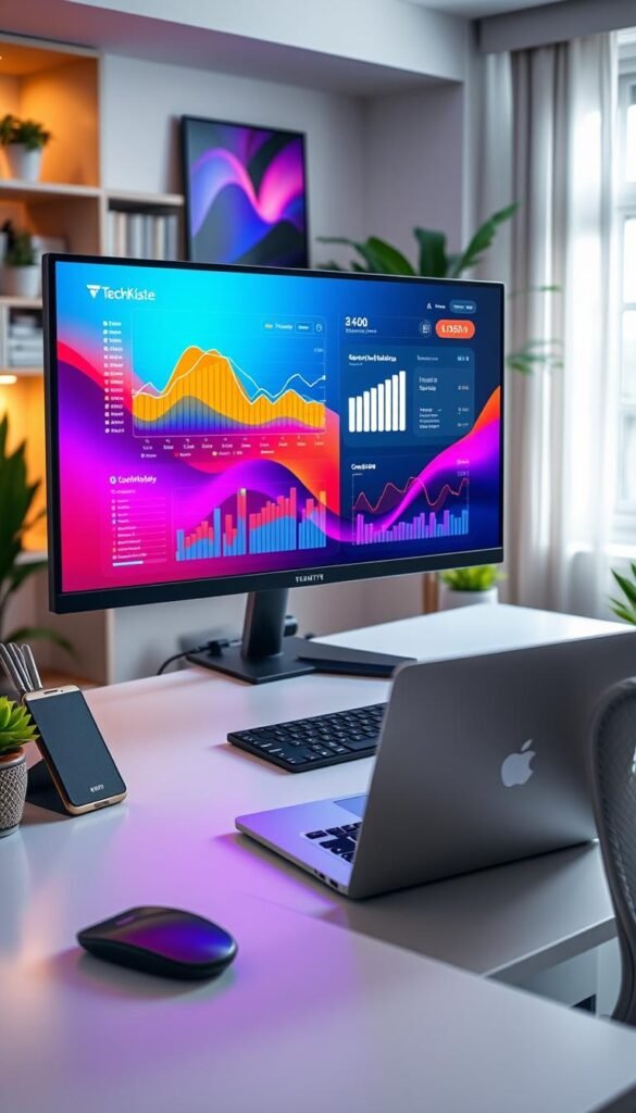 A sleek, modern workspace featuring a high-resolution monitor screen displaying vivid, vibrant colors and data analytics. The foreground includes a stylish desk with a comfortable ergonomic chair, where a laptop is placed next to a minimalist desk organizer. In the middle, the monitor sits prominently, showcasing a split-screen layout of productivity apps illuminating the workspace with warm, inviting tones. The background reveals soft ambient lighting, with greenery and bookshelves to enhance the professional atmosphere. Capture a Pinterest-inspired aesthetic, emphasizing an authentic and cozy feel with natural light streaming in through a nearby window. Include elements of the brand name "TechKiste" subtly integrated into the workspace design. A sleek, modern workspace featuring a high-resolution monitor screen displaying vivid, vibrant colors and data analytics. The foreground includes a stylish desk with a comfortable ergonomic chair, where a laptop is placed next to a minimalist desk organizer. In the middle, the monitor sits prominently, showcasing a split-screen layout of productivity apps illuminating the workspace with warm, inviting tones. The background reveals soft ambient lighting, with greenery and bookshelves to enhance the professional atmosphere. Capture a Pinterest-inspired aesthetic, emphasizing an authentic and cozy feel with natural light streaming in through a nearby window. Include elements of the brand name "TechKiste" subtly integrated into the workspace design.