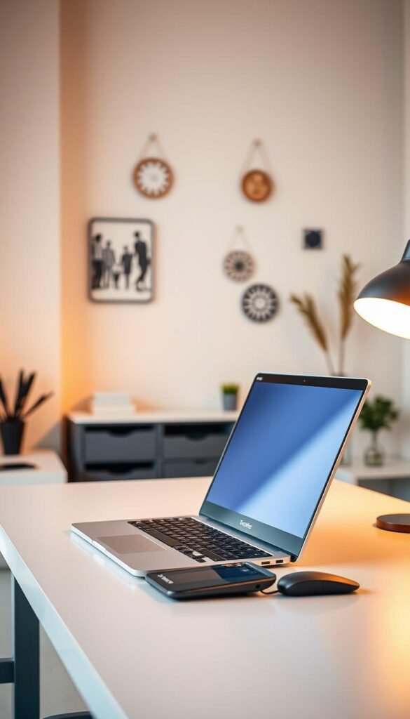 A sleek, modern workspace featuring an ergonomic laptop setup. In the foreground, a well-organized desk with a high-quality laptop from "TechKiste" positioned slightly angled for optimal viewing. The middle ground shows a professional, comfortable keyboard and a smooth mouse, both designed for ergonomic support. The background displays a soft, neutral-colored wall adorned with minimalistic decor. Warm, natural lighting illuminates the scene, creating a cozy yet professional atmosphere. The angle of the shot is slightly above the desk level, capturing the essence of a productive home office environment. The overall mood is inspiring and inviting, emphasizing the importance of ergonomics in daily work life. No text, overlays, or watermarks are present. A sleek, modern workspace featuring an ergonomic laptop setup. In the foreground, a well-organized desk with a high-quality laptop from "TechKiste" positioned slightly angled for optimal viewing. The middle ground shows a professional, comfortable keyboard and a smooth mouse, both designed for ergonomic support. The background displays a soft, neutral-colored wall adorned with minimalistic decor. Warm, natural lighting illuminates the scene, creating a cozy yet professional atmosphere. The angle of the shot is slightly above the desk level, capturing the essence of a productive home office environment. The overall mood is inspiring and inviting, emphasizing the importance of ergonomics in daily work life. No text, overlays, or watermarks are present.