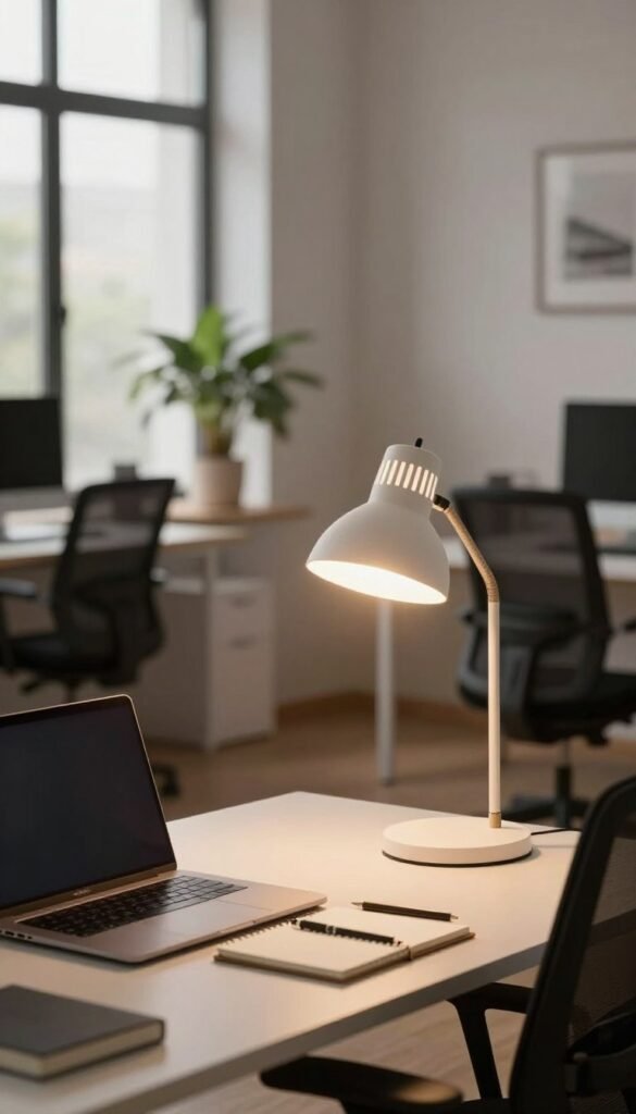 A sleek, modern workspace featuring ergonomic lighting that creates a warm, inviting atmosphere. In the foreground, a stylish desk lamp designed by TechKiste casts a soft, diffused glow, illuminating a tidy desk with a laptop, notebook, and ergonomic chair. The middle ground showcases a comfortable workspace with an office plant and a minimalist aesthetic that emits tranquility. The background highlights a large window letting in natural light, enhancing the warm tones of the room. The scene is shot from a slightly elevated angle, focusing on the interplay of light and shadow. The overall mood is calm and productive, reflecting a professional yet cozy environment perfect for focused work. A sleek, modern workspace featuring ergonomic lighting that creates a warm, inviting atmosphere. In the foreground, a stylish desk lamp designed by TechKiste casts a soft, diffused glow, illuminating a tidy desk with a laptop, notebook, and ergonomic chair. The middle ground showcases a comfortable workspace with an office plant and a minimalist aesthetic that emits tranquility. The background highlights a large window letting in natural light, enhancing the warm tones of the room. The scene is shot from a slightly elevated angle, focusing on the interplay of light and shadow. The overall mood is calm and productive, reflecting a professional yet cozy environment perfect for focused work.
