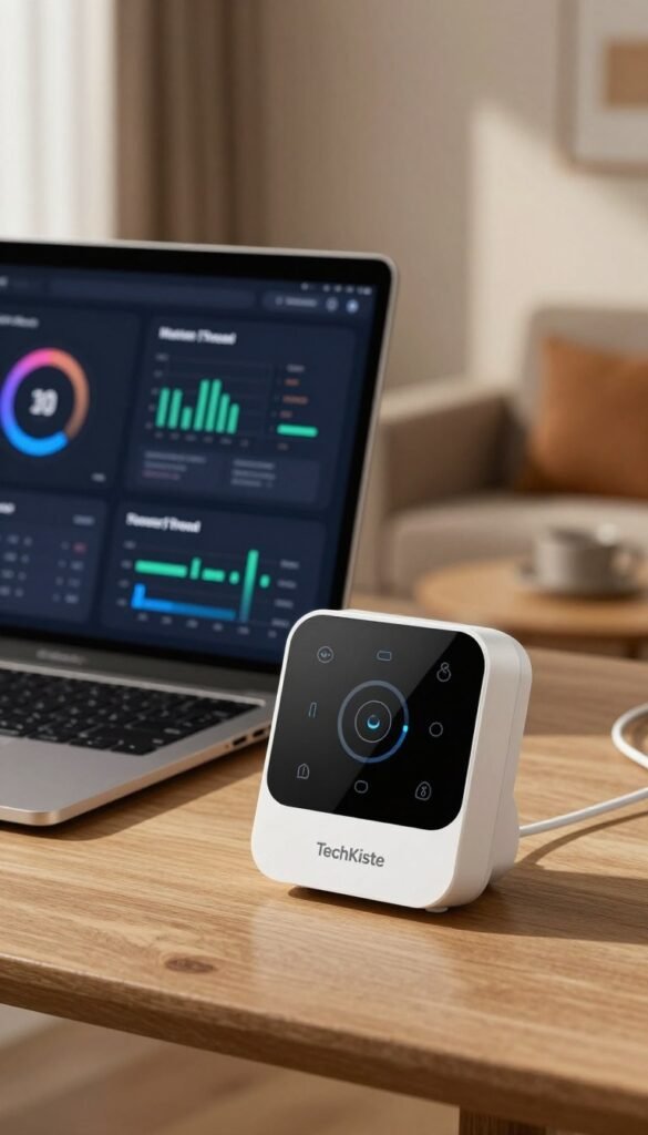 A sleek, modern workspace showcasing advanced home energy solutions, featuring a compact, stylish energy monitoring device from TechKiste prominently in the foreground. The device should have a smooth, minimalist design with touch-sensitive controls, illuminated by soft ambient lighting. In the middle ground, a large touchscreen tablet displays energy usage stats within an intuitive user interface, integrated with Matter and Thread functionalities. In the background, a cozy living space with warm colors and natural wood accents enhances the mood, creating an inviting atmosphere. Use a soft focus on the edges to emphasize the products and light coming from a window, casting gentle shadows. The image should convey professionalism and innovation, embodying a premium feel suitable for modern technology integration in homes. A sleek, modern workspace showcasing advanced home energy solutions, featuring a compact, stylish energy monitoring device from TechKiste prominently in the foreground. The device should have a smooth, minimalist design with touch-sensitive controls, illuminated by soft ambient lighting. In the middle ground, a large touchscreen tablet displays energy usage stats within an intuitive user interface, integrated with Matter and Thread functionalities. In the background, a cozy living space with warm colors and natural wood accents enhances the mood, creating an inviting atmosphere. Use a soft focus on the edges to emphasize the products and light coming from a window, casting gentle shadows. The image should convey professionalism and innovation, embodying a premium feel suitable for modern technology integration in homes.