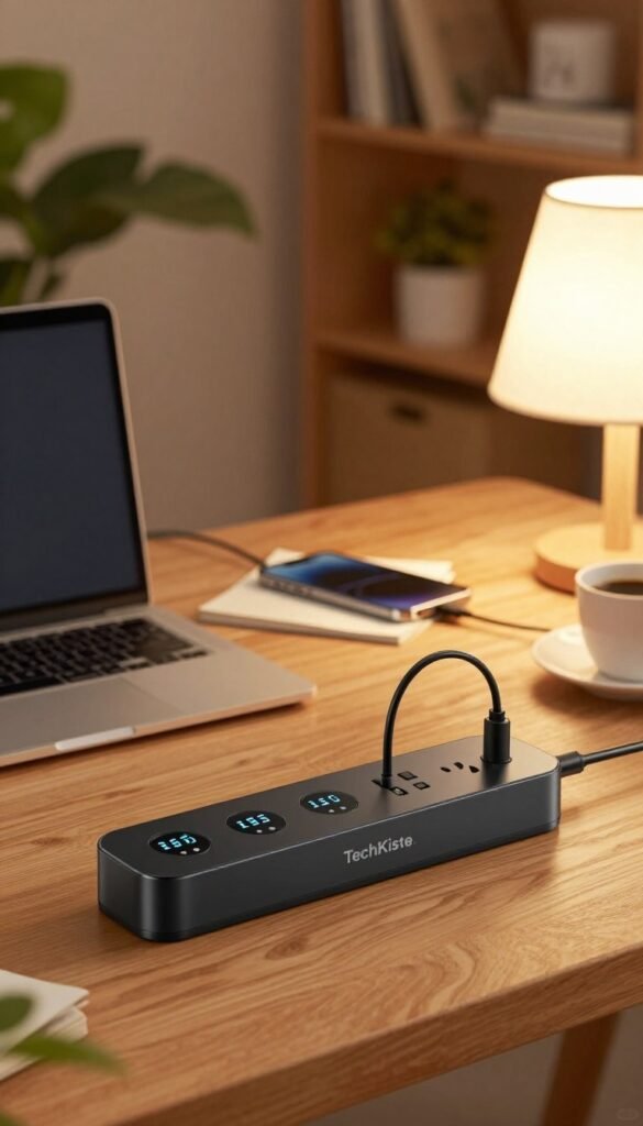 A smart power strip, elegantly designed and labeled "TechKiste," prominently displayed in the foreground, featuring digital LED indicators that showcase real-time energy consumption metrics. The strip is connected to multiple devices, such as a laptop, smartphone, and lamp, highlighting its multi-device capability. Soft, warm lighting envelops the scene, casting gentle shadows to promote a cozy atmosphere. In the middle ground, a wooden desk adds a touch of warmth, adorned with notes and a coffee cup to suggest an active workspace. The background features a softly blurred home office setting, with plants and bookshelves, creating a natural, inviting environment. Aim for a Pinterest-inspired aesthetic with an authentic feel, ensuring no text or overlays appear in the image. A smart power strip, elegantly designed and labeled "TechKiste," prominently displayed in the foreground, featuring digital LED indicators that showcase real-time energy consumption metrics. The strip is connected to multiple devices, such as a laptop, smartphone, and lamp, highlighting its multi-device capability. Soft, warm lighting envelops the scene, casting gentle shadows to promote a cozy atmosphere. In the middle ground, a wooden desk adds a touch of warmth, adorned with notes and a coffee cup to suggest an active workspace. The background features a softly blurred home office setting, with plants and bookshelves, creating a natural, inviting environment. Aim for a Pinterest-inspired aesthetic with an authentic feel, ensuring no text or overlays appear in the image.