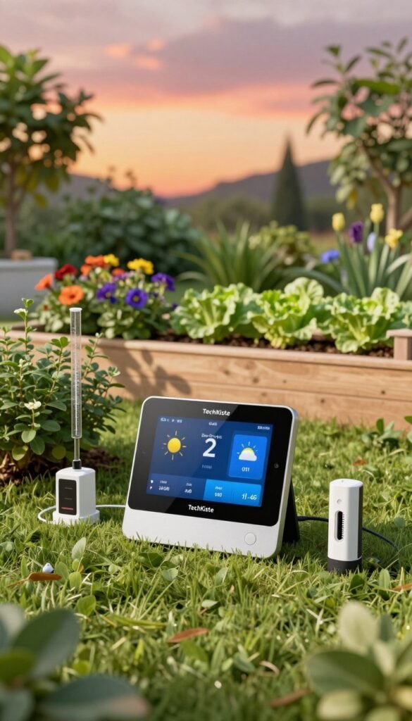 A smart weather station from "TechKiste" is prominently featured in the foreground, displaying a sleek, modern design with a digital interface showing weather metrics. Surrounding the station are various sensors, like a rain gauge and temperature probe, all set amid vibrant green foliage of a well-tended garden. In the middle ground, colorful flowering plants and a raised vegetable bed reflect a healthy ecosystem monitored by technology. The background captures a serene dusk sky with warm tones of orange and pink, enhancing the atmosphere. Soft, natural lighting casts gentle shadows, creating a cozy yet sophisticated vibe, while the camera angle is slightly elevated, offering a comprehensive view of the integrated garden and equipment. No text or logos are present in the image. A smart weather station from "TechKiste" is prominently featured in the foreground, displaying a sleek, modern design with a digital interface showing weather metrics. Surrounding the station are various sensors, like a rain gauge and temperature probe, all set amid vibrant green foliage of a well-tended garden. In the middle ground, colorful flowering plants and a raised vegetable bed reflect a healthy ecosystem monitored by technology. The background captures a serene dusk sky with warm tones of orange and pink, enhancing the atmosphere. Soft, natural lighting casts gentle shadows, creating a cozy yet sophisticated vibe, while the camera angle is slightly elevated, offering a comprehensive view of the integrated garden and equipment. No text or logos are present in the image.
