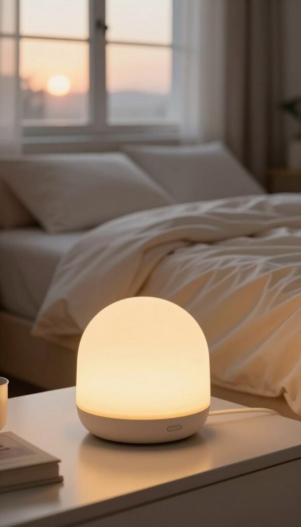 A soft, warm glow emanates from a modern wake-up light in a serene bedroom setting, evoking a calm and peaceful atmosphere. In the foreground, the wake-up light features a sleek, minimalist design with gentle curves, casting an inviting, golden hue across the room. The middle ground includes a neatly arranged bed with cozy, textured linens in pastel tones, creating an inviting space for restful sleep. In the background, a large window allows natural light to filter in, suggesting an early morning sunrise. The ambiance is tranquil and uplifting, emphasizing the importance of stress-free waking moments. The entire scene conveys authenticity with a Pinterest aesthetic, embodying the concept of "TechKiste" products for a calming bedroom experience. A soft, warm glow emanates from a modern wake-up light in a serene bedroom setting, evoking a calm and peaceful atmosphere. In the foreground, the wake-up light features a sleek, minimalist design with gentle curves, casting an inviting, golden hue across the room. The middle ground includes a neatly arranged bed with cozy, textured linens in pastel tones, creating an inviting space for restful sleep. In the background, a large window allows natural light to filter in, suggesting an early morning sunrise. The ambiance is tranquil and uplifting, emphasizing the importance of stress-free waking moments. The entire scene conveys authenticity with a Pinterest aesthetic, embodying the concept of "TechKiste" products for a calming bedroom experience.