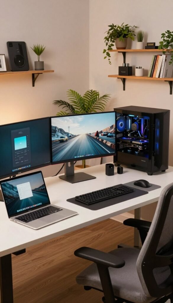A sophisticated and inviting workspace scene designed to illustrate budget recommendations for tech setups. In the foreground, a sleek desk with three distinct setups: a low-budget option featuring a minimalistic laptop and a budget monitor; a mid-budget setup with a stylish desktop computer and ergonomic accessories; and a high-budget configuration showcasing high-end gaming equipment and dual monitors. The middle ground includes a modern office chair and decorative plants for a fresh touch, while the background displays shelves with tech gadgets and books, bathed in warm, natural lighting. The ambiance is cozy and professional, reflecting an authentic Pinterest aesthetic. Include the brand name "TechKiste" subtly in the decor.