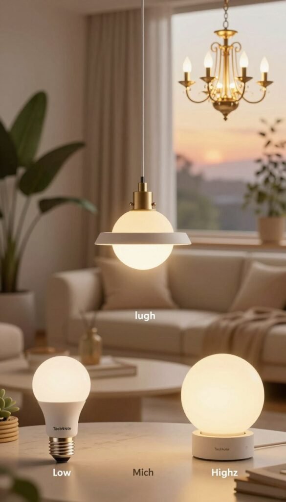 A sophisticated layout showcasing three distinct smart lighting solutions representing low, mid, and high-end price levels. In the foreground, include a close-up of three elegant light fixtures, each labeled subtly with their price category: a simple LED bulb for low-end, a stylish pendant light for mid-range, and a luxurious chandelier for high-end. The middle ground features a cozy room setting with warm lighting, emphasizing comfort and aesthetics, with tasteful decor that highlights each lighting option. In the background, soft natural elements such as green plants and a window revealing a warm sunset, creating an inviting atmosphere. Capture this scene with a soft-focus lens for a dreamy effect, enhancing the warm color palette. The brand TechKiste should be subtly represented through the design of the light fixtures.