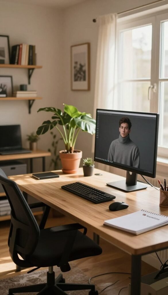 A spacious home office setup displaying common ergonomic mistakes. In the foreground, a cluttered desk with a low chair and a monitor positioned too high, creating a strain on the neck. A poorly angled keyboard and mouse are visible. In the middle ground, a potted plant adds a touch of greenery, while a window with warm, natural light casts soft shadows, enhancing the atmosphere of a cozy workspace. In the background, a wall filled with inspirational artwork and shelves of books provides an inviting context. The color palette consists of warm tones, promoting a relaxed yet professional ambiance. No people are present; the focus is purely on the flawed setup. A subtle logo of "TechKiste" materializes on a notebook lying on the desk, reinforcing the theme without distracting from the visual message.