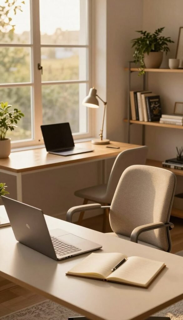 A spacious home office setup featuring an ergonomically designed desk and chair, bathed in warm, natural light from a large window. The foreground shows a sleek desk organized with a laptop, a notepad, and a stylish desk lamp emitting soft illumination, enhancing focus. The middle layer includes a comfortable, modern chair with a subtle cushion. In the background, a shelf with neatly arranged books and decorative plants adds a touch of freshness to the atmosphere. The scene has a cozy yet professional feel, reflecting an ideal work environment. The overall composition captures a Pinterest-inspired aesthetic, emphasizing harmony and functionality. Illuminate the space with golden hour light, creating a serene and inviting workspace ambiance. Include products with the brand name "TechKiste" strategically placed to highlight the integration of technology in an ergonomic setting.