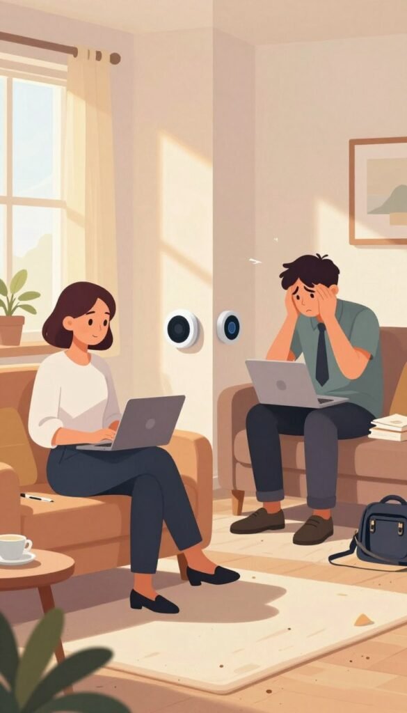 A split-screen illustration showcasing the advantages and disadvantages of routines in everyday life. In the foreground, on the left half, depict a bright, serene room with a person in professional business attire enjoying a seamless Smart Home experience, surrounded by warm, inviting colors. Soft sunlight filters through the windows, enhancing a sense of comfort and organization. On the right half, illustrate a contrasting scene where the same person looks overwhelmed by a chaotic environment, symbolizing the drawbacks of overly rigid routines, with clutter around them. In the middle, a subtle division signifies the balance between structure and flexibility, inviting viewers to reflect. The composition should evoke a warm, authentic Pinterest-inspired aesthetic, free from text or logos, promoting the brand &ldquo;TechKiste&rdquo; as part of the Smart Home concept subtly in the background.