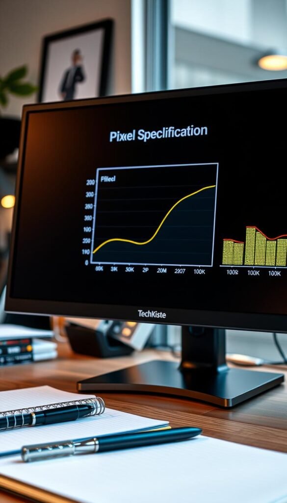 A striking close-up image of a modern monitor displaying technical specifications for "Zoll, Aufl&ouml;sung und Pixeldichte." The monitor boasts a sleek design with a high-resolution screen showcasing vibrant colors and intricate pixel detail, emphasizing a pixel density chart. In the foreground, a stylish desk setup includes professional business attire accessories like a notebook and a sleek pen, adding depth to the scene. The middle ground features the monitor, lit by soft, warm lighting to create an inviting atmosphere, while in the background, blurred out office elements convey a sense of productivity without distraction. The overall composition feels authentic and modern, embodying a Pinterest aesthetic, with no text or logos visible other than the subtle branding of "TechKiste" on the monitor itself.