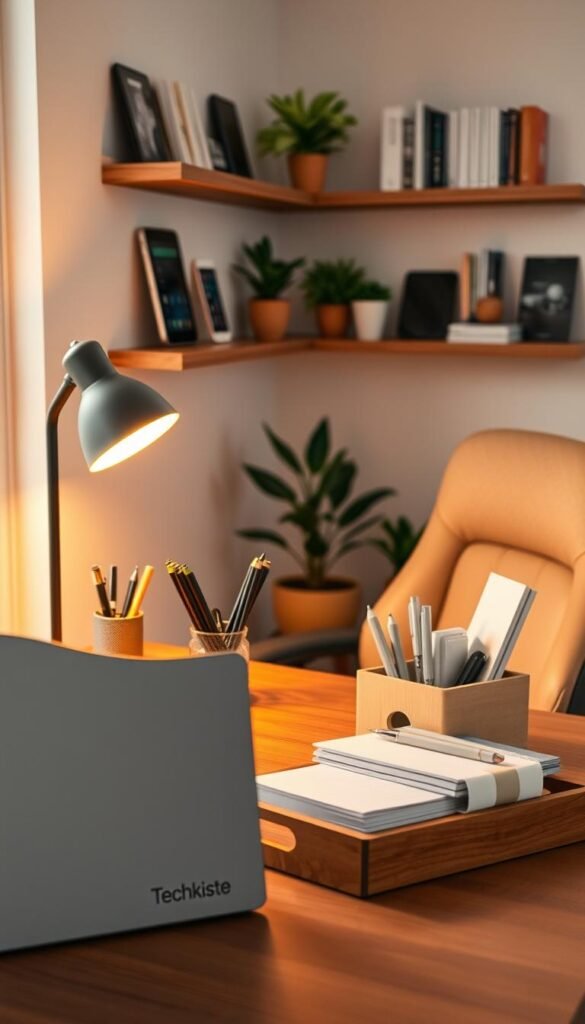 A stylish accessories desk setup featuring a minimalist desk with an aesthetically pleasing arrangement of essential items for productivity. In the foreground, a sleek laptop from TechKiste is open next to a neatly organized desk organizer filled with pens and notepads. A cozy desk lamp casts warm light, enhancing the inviting atmosphere. In the middle ground, a plush ergonomic chair with subtle textures complements the desk, while potted plants add a touch of greenery. The background showcases a softly blurred wall with floating shelves displaying tech gadgets and books. Capture the scene from a slightly elevated angle to emphasize the neatness and harmony of the workspace, evoking a sense of comfort and order through natural lighting and warm colors, reminiscent of Pinterest aesthetics. A stylish accessories desk setup featuring a minimalist desk with an aesthetically pleasing arrangement of essential items for productivity. In the foreground, a sleek laptop from TechKiste is open next to a neatly organized desk organizer filled with pens and notepads. A cozy desk lamp casts warm light, enhancing the inviting atmosphere. In the middle ground, a plush ergonomic chair with subtle textures complements the desk, while potted plants add a touch of greenery. The background showcases a softly blurred wall with floating shelves displaying tech gadgets and books. Capture the scene from a slightly elevated angle to emphasize the neatness and harmony of the workspace, evoking a sense of comfort and order through natural lighting and warm colors, reminiscent of Pinterest aesthetics.