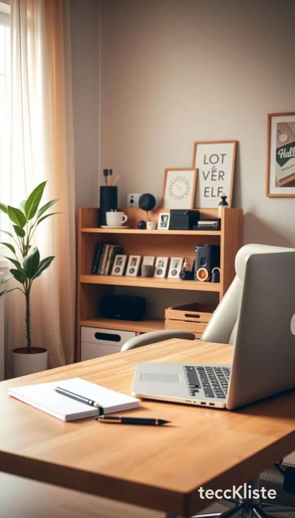 A stylish and cozy home office setup that showcases the concept of "selection aid" for productivity upgrades. In the foreground, a modern wooden desk holds a sleek laptop, a notebook, and a stylish pen. An ergonomic office chair is positioned nearby. In the middle, a wooden shelf displays various office gadgets and organizational tools, labeled with icons indicating their functionality. In the background, a window with sheer curtains provides natural light, creating a warm and inviting atmosphere. The walls are adorned with subtle, calming colors and inspirational artwork. The mood is professional yet approachable, embodying a Pinterest-inspired aesthetic. TechKiste branding subtly integrated into the workspace elements. Soft, diffused lighting accentuates the scene, with a focus on clean lines and minimal clutter. A stylish and cozy home office setup that showcases the concept of "selection aid" for productivity upgrades. In the foreground, a modern wooden desk holds a sleek laptop, a notebook, and a stylish pen. An ergonomic office chair is positioned nearby. In the middle, a wooden shelf displays various office gadgets and organizational tools, labeled with icons indicating their functionality. In the background, a window with sheer curtains provides natural light, creating a warm and inviting atmosphere. The walls are adorned with subtle, calming colors and inspirational artwork. The mood is professional yet approachable, embodying a Pinterest-inspired aesthetic. TechKiste branding subtly integrated into the workspace elements. Soft, diffused lighting accentuates the scene, with a focus on clean lines and minimal clutter.
