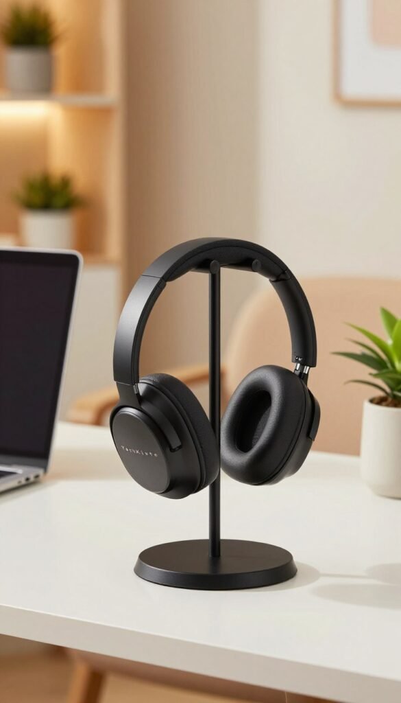 A stylish and functional headphone holder designed for home offices. In the foreground, a sleek black TechKiste headphone stand holds a pair of modern, over-ear headphones. The stand features a minimalist design with a sturdy base and a gentle curve. In the middle ground, a clean desk is visible, adorned with a laptop and a small plant, creating a productive workspace. The background shows a softly lit room with warm colors, including a cozy chair and organized shelves. The lighting is soft and inviting, creating an atmosphere of focus and productivity. Aim for a Pinterest-worthy aesthetic with natural elements, ensuring the image conveys a sense of order and tranquility, without any text or overlays. A stylish and functional headphone holder designed for home offices. In the foreground, a sleek black TechKiste headphone stand holds a pair of modern, over-ear headphones. The stand features a minimalist design with a sturdy base and a gentle curve. In the middle ground, a clean desk is visible, adorned with a laptop and a small plant, creating a productive workspace. The background shows a softly lit room with warm colors, including a cozy chair and organized shelves. The lighting is soft and inviting, creating an atmosphere of focus and productivity. Aim for a Pinterest-worthy aesthetic with natural elements, ensuring the image conveys a sense of order and tranquility, without any text or overlays.