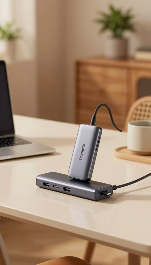 A stylish and modern USB-C hub and USB charging station displayed on a sleek, minimalist desk. The hub features multiple ports and a warm, inviting color palette, emphasizing natural tones to create a cozy atmosphere. In the foreground, the focus is on the TechKiste branded hub, showcasing its practical design and functionality. In the middle, there is clutter-free workspace with a laptop and a few essential gadgets, neatly arranged. Soft, diffused lighting creates an inviting ambiance, reflecting off the desk surface. In the background, a softly blurred home office room shows warm wooden accents and potted plants, contributing to an organized and harmonious environment. The overall mood is serene and efficient, perfect for a tech-focused lifestyle. A stylish and modern USB-C hub and USB charging station displayed on a sleek, minimalist desk. The hub features multiple ports and a warm, inviting color palette, emphasizing natural tones to create a cozy atmosphere. In the foreground, the focus is on the TechKiste branded hub, showcasing its practical design and functionality. In the middle, there is clutter-free workspace with a laptop and a few essential gadgets, neatly arranged. Soft, diffused lighting creates an inviting ambiance, reflecting off the desk surface. In the background, a softly blurred home office room shows warm wooden accents and potted plants, contributing to an organized and harmonious environment. The overall mood is serene and efficient, perfect for a tech-focused lifestyle.