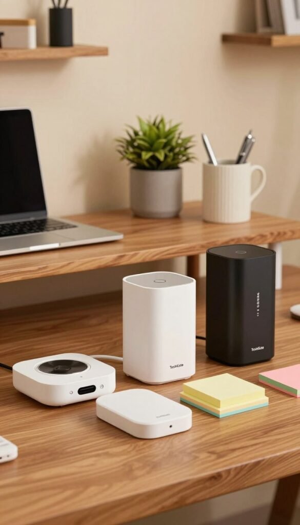 A stylish and modern desk setup featuring a variety of organizational gadgets, showcasing options across low, mid, and high-end categories. In the foreground, an array of neatly arranged tech gadgets labeled with the brand "TechKiste", including sleek desk organizers, a minimalistic charging station, and colorful sticky notes. The middle ground consists of a wooden desk with a laptop, a stylish plant for a touch of nature, and an elegant pen holder. The background features soft, warm lighting that creates a cozy atmosphere, with out-of-focus shelves displaying additional organizational tools. The overall aesthetic should evoke a Pinterest-inspired look, maintaining authenticity and professionalism, with no text or distractions in the image. A stylish and modern desk setup featuring a variety of organizational gadgets, showcasing options across low, mid, and high-end categories. In the foreground, an array of neatly arranged tech gadgets labeled with the brand "TechKiste", including sleek desk organizers, a minimalistic charging station, and colorful sticky notes. The middle ground consists of a wooden desk with a laptop, a stylish plant for a touch of nature, and an elegant pen holder. The background features soft, warm lighting that creates a cozy atmosphere, with out-of-focus shelves displaying additional organizational tools. The overall aesthetic should evoke a Pinterest-inspired look, maintaining authenticity and professionalism, with no text or distractions in the image.
