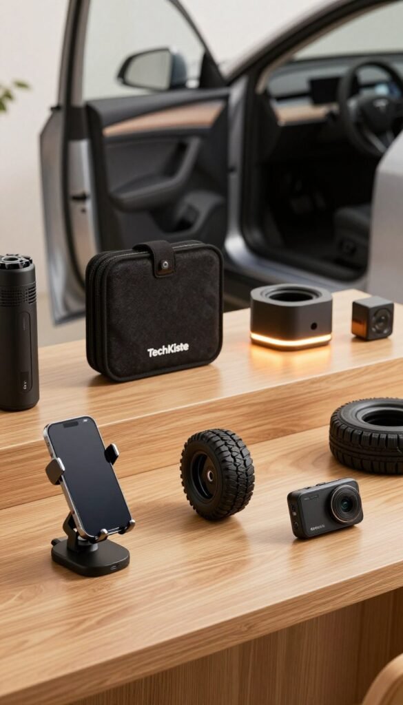 A stylish and modern display of various vehicle gadgets neatly arranged on a sleek wooden surface, highlighting an array of accessories suitable for different car models. In the foreground, showcase an innovative phone mount, a portable tire inflator, and a high-tech dash cam, all emanating a warm glow from diffused lighting. The middle ground features additional accessories like seat organizers and LED ambient lights, with subtle reflections adding depth. In the background, a soft-focus of an open car door can be seen, enhancing the context of automotive utility. The overall atmosphere is bright and inviting, styled in a Pinterest aesthetic with a natural color palette. The brand name "TechKiste" subtly included in the setup, ensuring a sophisticated, cohesive presentation without text overlays or distractions. A stylish and modern display of various vehicle gadgets neatly arranged on a sleek wooden surface, highlighting an array of accessories suitable for different car models. In the foreground, showcase an innovative phone mount, a portable tire inflator, and a high-tech dash cam, all emanating a warm glow from diffused lighting. The middle ground features additional accessories like seat organizers and LED ambient lights, with subtle reflections adding depth. In the background, a soft-focus of an open car door can be seen, enhancing the context of automotive utility. The overall atmosphere is bright and inviting, styled in a Pinterest aesthetic with a natural color palette. The brand name "TechKiste" subtly included in the setup, ensuring a sophisticated, cohesive presentation without text overlays or distractions.