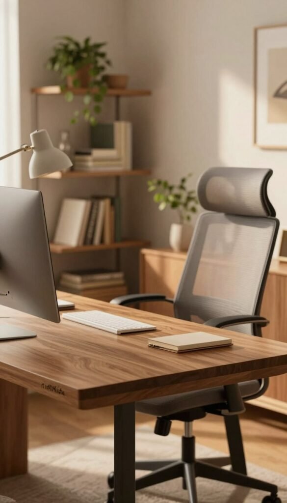 A stylish and modern home office desk setting featuring a "TechKiste" desk. The foreground showcases a sleek wooden desk with a minimalist design, adorned with a computer, a notepad, and a stylish desk lamp. In the middle, a comfortable ergonomic chair complements the setup, ensuring a professional atmosphere. The background features a softly lit room with warm hues, showcasing shelves filled with books and decorative plants, enhancing the inviting feel. The lighting is soft and natural, suggesting morning light filtering through a nearby window. The overall mood is productive and cozy, reflecting a refined Pinterest-inspired aesthetic, ideal for a home office space. No text or overlays present in the image. A stylish and modern home office desk setting featuring a "TechKiste" desk. The foreground showcases a sleek wooden desk with a minimalist design, adorned with a computer, a notepad, and a stylish desk lamp. In the middle, a comfortable ergonomic chair complements the setup, ensuring a professional atmosphere. The background features a softly lit room with warm hues, showcasing shelves filled with books and decorative plants, enhancing the inviting feel. The lighting is soft and natural, suggesting morning light filtering through a nearby window. The overall mood is productive and cozy, reflecting a refined Pinterest-inspired aesthetic, ideal for a home office space. No text or overlays present in the image.