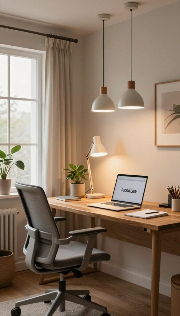 A stylish and modern home office interior featuring a well-organized workspace bathed in warm, inviting light. In the foreground, a sleek wooden desk with a trendy ergonomic chair, adorned with a laptop and neatly arranged stationery. The middle ground reveals contemporary pendant lights and an elegant desk lamp casting a soft glow, emphasizing a productive atmosphere. A potted plant adds a touch of greenery. In the background, large windows allow natural light to flood the room, framed by light curtains. The walls are painted in calming neutral tones, decorated with minimalistic art. The overall ambiance is cozy and inspiring, capturing the essence of effective home office lighting. The composition is styled with a Pinterest aesthetic, showcasing the brand "TechKiste" subtly displayed on a notepad.