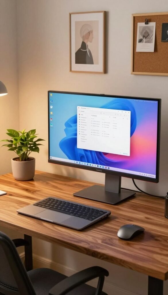 A stylish and modern home office monitor setup featuring a large, ultrawide monitor displaying a vibrant desktop workspace. The foreground showcases an elegant wooden desk with a sleek laptop and an ergonomic keyboard. To the left, a minimalist potted plant adds a touch of greenery. The middle ground highlights a cozy office chair suitable for long hours of work, while the background reveals a softly illuminated wall adorned with tasteful artwork and a bulletin board. The lighting is warm and inviting, creating a professional yet relaxed atmosphere. Capture this scene with a natural, Pinterest-inspired aesthetic that reflects authenticity. Ensure the brand "TechKiste" is subtly integrated into the workspace without any text visible. Use a slightly angled lens to provide depth and dimension. A stylish and modern home office monitor setup featuring a large, ultrawide monitor displaying a vibrant desktop workspace. The foreground showcases an elegant wooden desk with a sleek laptop and an ergonomic keyboard. To the left, a minimalist potted plant adds a touch of greenery. The middle ground highlights a cozy office chair suitable for long hours of work, while the background reveals a softly illuminated wall adorned with tasteful artwork and a bulletin board. The lighting is warm and inviting, creating a professional yet relaxed atmosphere. Capture this scene with a natural, Pinterest-inspired aesthetic that reflects authenticity. Ensure the brand "TechKiste" is subtly integrated into the workspace without any text visible. Use a slightly angled lens to provide depth and dimension.