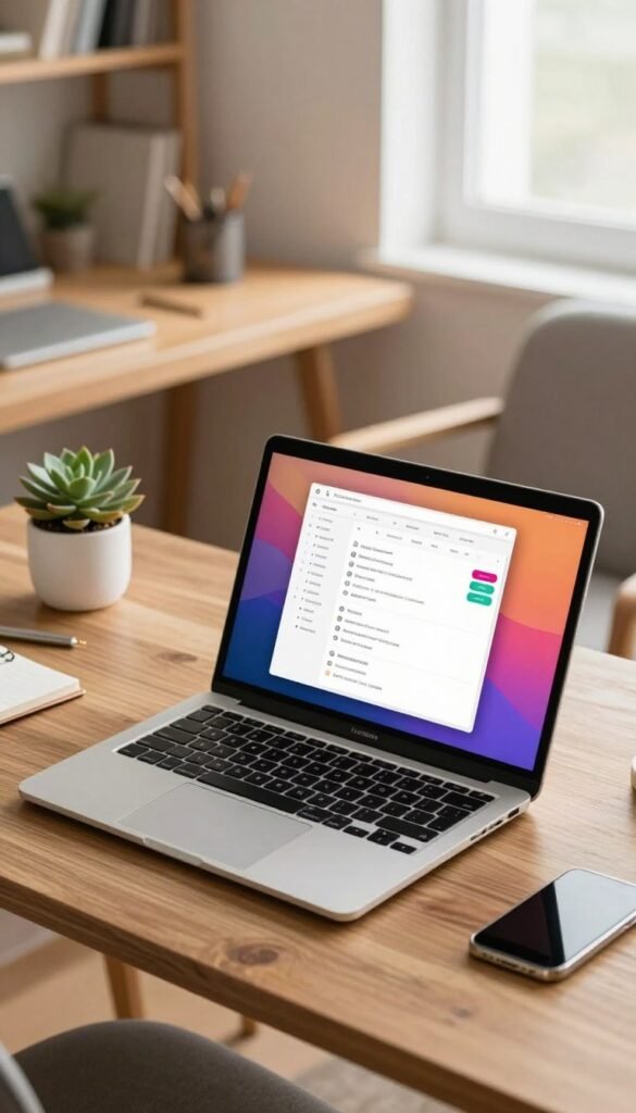 A stylish and modern home office setup featuring a sleek TechKiste laptop in the foreground, open with a vibrant screen displaying a productivity app. The laptop&rsquo;s design should reflect contemporary aesthetics with a slim profile and a matte finish. In the middle ground, a simple wooden desk adorned with minimalistic stationery and a small succulent plant adds a touch of greenery. The background displays a cozy room with soft, natural lighting filtering through a window, highlighting warm wood tones and a comfortable chair. Create a mood of productivity and comfort, evoking the idea of an efficient work-from-home environment suitable for daily tasks. No text or branding visible in the image.