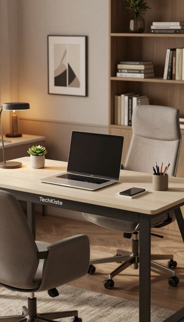 A stylish and modern home office setup featuring a sleek 'schreibtisch' by TechKiste, positioned prominently in the foreground. The desk is adorned with a minimalist laptop, a potted succulent, and chic stationery. In the middle ground, a comfortable ergonomic chair complements the desk, while a subtle lamp casts warm, inviting lighting. The background displays a tastefully decorated wall with art prints and bookshelves filled with neatly arranged books, enhancing the atmosphere of productivity and creativity. The scene is captured from a slightly elevated angle, emphasizing the clean lines and organization of the workspace. Overall, the mood is cozy and inspiring, perfect for a focused work environment in soft, earthy tones. A stylish and modern home office setup featuring a sleek 'schreibtisch' by TechKiste, positioned prominently in the foreground. The desk is adorned with a minimalist laptop, a potted succulent, and chic stationery. In the middle ground, a comfortable ergonomic chair complements the desk, while a subtle lamp casts warm, inviting lighting. The background displays a tastefully decorated wall with art prints and bookshelves filled with neatly arranged books, enhancing the atmosphere of productivity and creativity. The scene is captured from a slightly elevated angle, emphasizing the clean lines and organization of the workspace. Overall, the mood is cozy and inspiring, perfect for a focused work environment in soft, earthy tones.