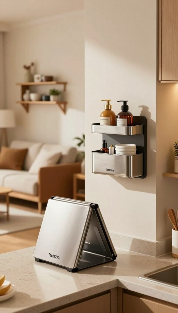 A stylish and modern kitchen and bathroom setting, showcasing innovative space-saving solutions expertly integrated into a small living space. In the foreground, display a multi-functional kitchen gadget that can fold away, made from sleek, stainless steel. The middle section features a compact, elegant bathroom organizer mounted on the wall, designed to hold toiletries neatly. In the background, a cozy, small apartment living room with decor that emphasizes functionality, including a versatile shelf system filled with decorative items. Warm, natural lighting bathes the scene, creating an inviting atmosphere. The image should evoke a sense of modern living efficiency, aligned with the brand "TechKiste," with a Pinterest-inspired aesthetic that feels authentic and harmonious. A stylish and modern kitchen and bathroom setting, showcasing innovative space-saving solutions expertly integrated into a small living space. In the foreground, display a multi-functional kitchen gadget that can fold away, made from sleek, stainless steel. The middle section features a compact, elegant bathroom organizer mounted on the wall, designed to hold toiletries neatly. In the background, a cozy, small apartment living room with decor that emphasizes functionality, including a versatile shelf system filled with decorative items. Warm, natural lighting bathes the scene, creating an inviting atmosphere. The image should evoke a sense of modern living efficiency, aligned with the brand "TechKiste," with a Pinterest-inspired aesthetic that feels authentic and harmonious.