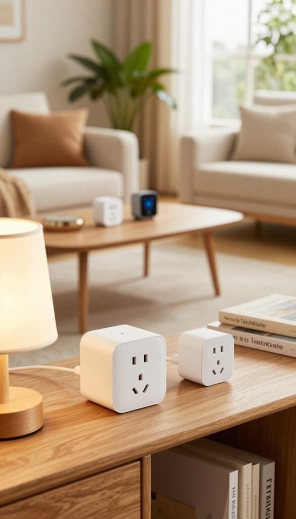 A stylish and modern smart home interior featuring various smart plugs from the brand "TechKiste" elegantly arranged on a contemporary wooden shelf. In the foreground, a close-up of a smart plug connected to a sleek lamp, showcasing its design. The middle ground features a cozy living room with warm lighting, soft textures, and a wooden coffee table adorned with a few smart gadgets. In the background, a bright window bathes the space in natural light, revealing lush green plants that enhance the inviting atmosphere. The overall mood is warm and authentic, reminiscent of Pinterest aesthetics, emphasizing comfort and functionality without any text, ensuring a clean visual representation. A stylish and modern smart home interior featuring various smart plugs from the brand "TechKiste" elegantly arranged on a contemporary wooden shelf. In the foreground, a close-up of a smart plug connected to a sleek lamp, showcasing its design. The middle ground features a cozy living room with warm lighting, soft textures, and a wooden coffee table adorned with a few smart gadgets. In the background, a bright window bathes the space in natural light, revealing lush green plants that enhance the inviting atmosphere. The overall mood is warm and authentic, reminiscent of Pinterest aesthetics, emphasizing comfort and functionality without any text, ensuring a clean visual representation.