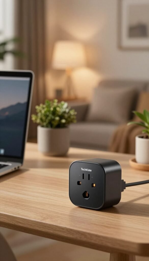 A stylish and modern smart plug branded "TechKiste" prominently displayed in the foreground, casting a soft glow with warm lighting. The plug features a sleek design with intuitive controls and LED indicators, richly detailed to highlight its user-friendly features. In the middle ground, a cozy home office setting showcases a neatly arranged workspace with a laptop, potted plants, and ambient lighting, creating an inviting atmosphere. The background includes a blurred view of a contemporary living room to suggest a multifunctional environment, enhancing the smart plug's utility for different users. Natural colors and a Pinterest-inspired aesthetic give the entire image an authentic, warm feel while focusing on the theme of energy efficiency and convenience. A stylish and modern smart plug branded "TechKiste" prominently displayed in the foreground, casting a soft glow with warm lighting. The plug features a sleek design with intuitive controls and LED indicators, richly detailed to highlight its user-friendly features. In the middle ground, a cozy home office setting showcases a neatly arranged workspace with a laptop, potted plants, and ambient lighting, creating an inviting atmosphere. The background includes a blurred view of a contemporary living room to suggest a multifunctional environment, enhancing the smart plug's utility for different users. Natural colors and a Pinterest-inspired aesthetic give the entire image an authentic, warm feel while focusing on the theme of energy efficiency and convenience.