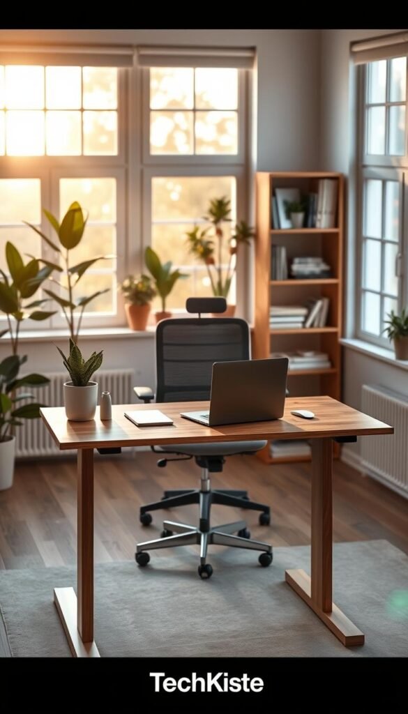 A stylish and modern standing workspace scene set in a well-lit, contemporary home office. In the foreground, a sleek standing desk made of natural wood, adorned with minimalistic tech accessories like a laptop and a potted plant. In the middle, a comfortable ergonomic chair pushed aside, with a backdrop of large windows allowing warm sunlight to cascade in, creating a cozy atmosphere. Soft, neutral colors dominate the space, enhanced by accents of green from the plants. The background features a subtle bookshelf filled with neatly organized books and decorative items. The overall mood is inviting and functional, perfect for productivity, embodying the brand essence of "TechKiste".