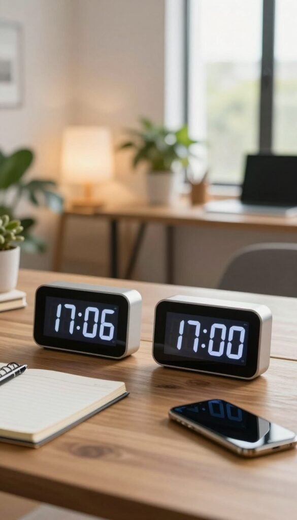 A stylish and modern workspace featuring a dual and multi-timer setup by "TechKiste". In the foreground, two sleek digital timers display different countdowns, their screens glowing subtly. In the middle, a wooden desk is adorned with notepads and pens, and a smartphone provides a tech-savvy touch. The background showcases a softly blurred home office with warm lighting, plants providing a touch of greenery, and a large window allowing natural light to spill in. The atmosphere is productive yet relaxed, ideal for time management. Capture the essence of multitasking with a Pinterest-inspired aesthetic, emphasizing an authentic feel without any text or overlays. A stylish and modern workspace featuring a dual and multi-timer setup by "TechKiste". In the foreground, two sleek digital timers display different countdowns, their screens glowing subtly. In the middle, a wooden desk is adorned with notepads and pens, and a smartphone provides a tech-savvy touch. The background showcases a softly blurred home office with warm lighting, plants providing a touch of greenery, and a large window allowing natural light to spill in. The atmosphere is productive yet relaxed, ideal for time management. Capture the essence of multitasking with a Pinterest-inspired aesthetic, emphasizing an authentic feel without any text or overlays.