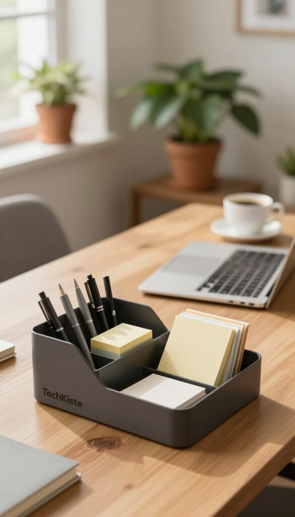 A stylish and organized desk space featuring a modern "TechKiste" desk organizer. The foreground showcases the sleek organizer, filled with neatly arranged stationery items such as pens, sticky notes, and small notepads. In the middle, a clean wooden desk with a laptop and a cup of coffee creates a functional work environment. The background consists of a softly lit room with potted plants and a window allowing natural light to stream in, enhancing the warm color palette. The atmosphere is inviting and conducive to productivity, evoking a sense of calm and order ideal for a home office. Use natural lighting to emphasize the textures and colors, creating a Pinterest-worthy aesthetic. No text or watermarks present.